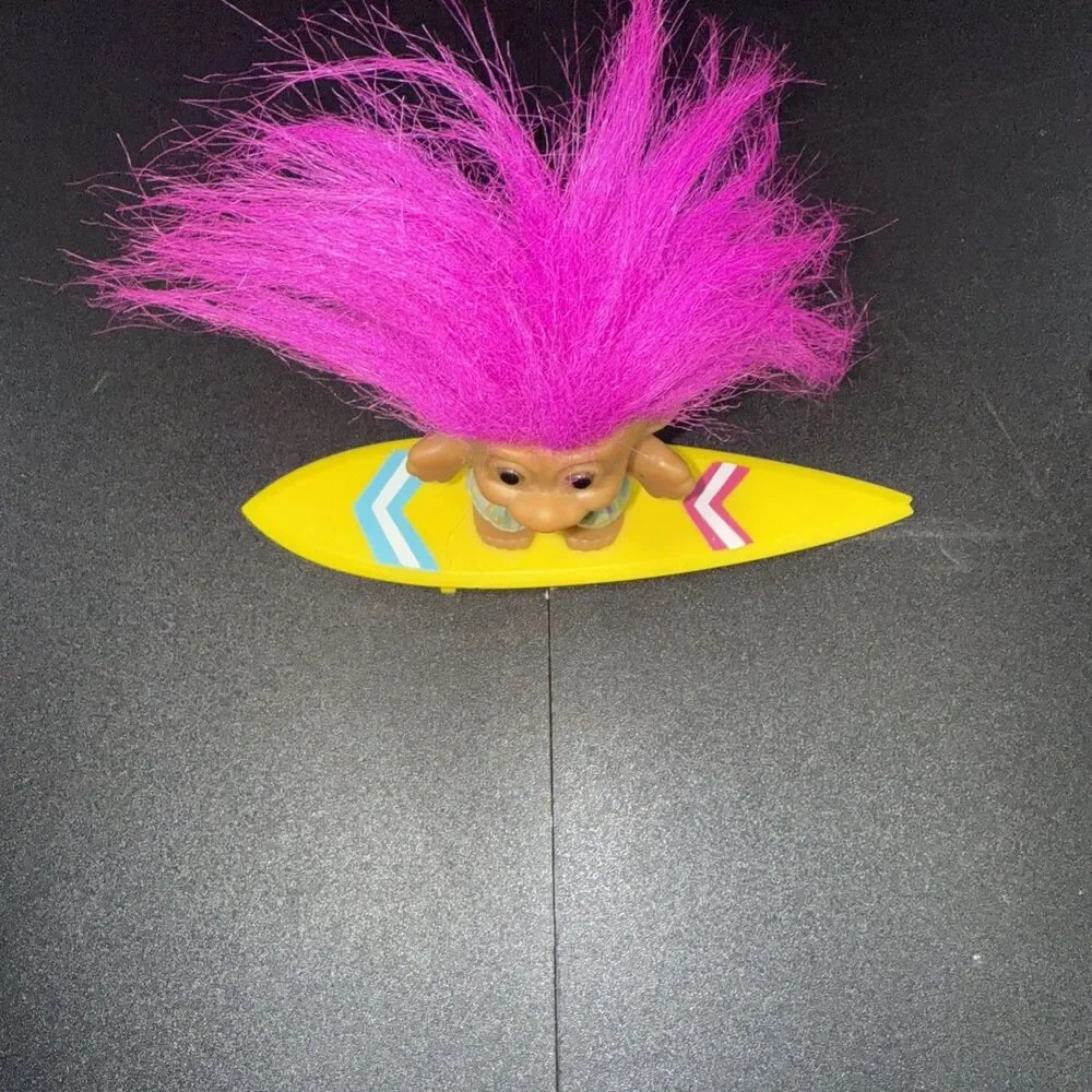 Russ Troll Doll Surfer With Pink Hair Shorts And Yellow Surf Board 3 inch